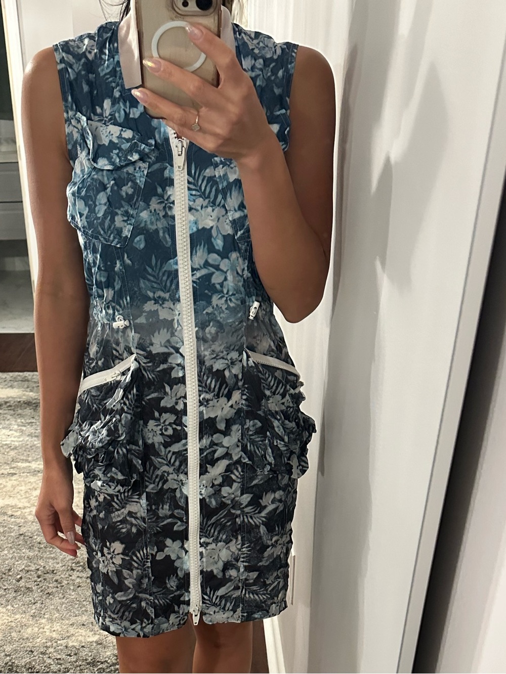 Alexander Wang Navy and White Floral Zip-Front Mini Dress